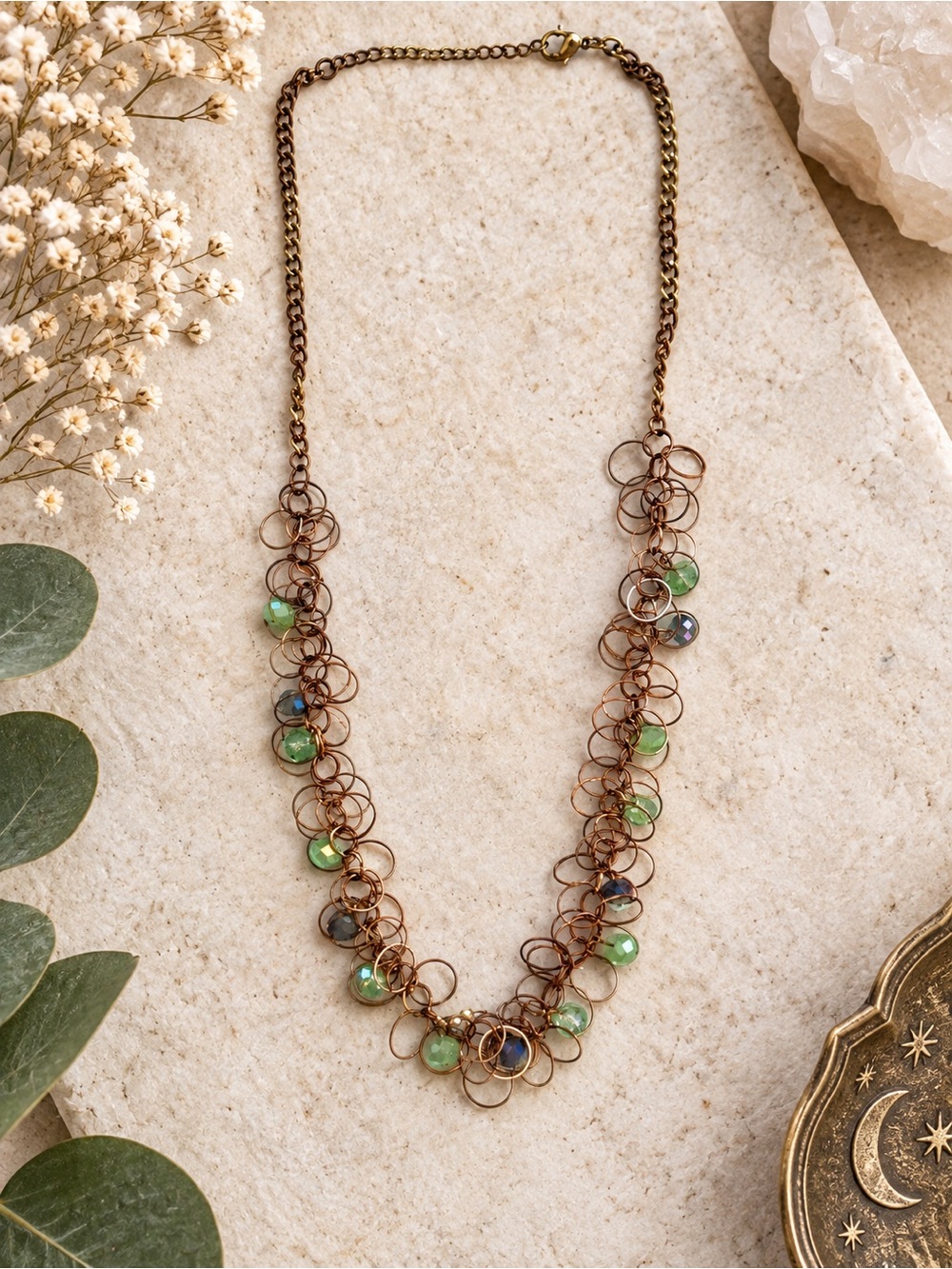 Whimsical Witchy Copper Wire Necklace Boho Fairycore Beaded Jewelry